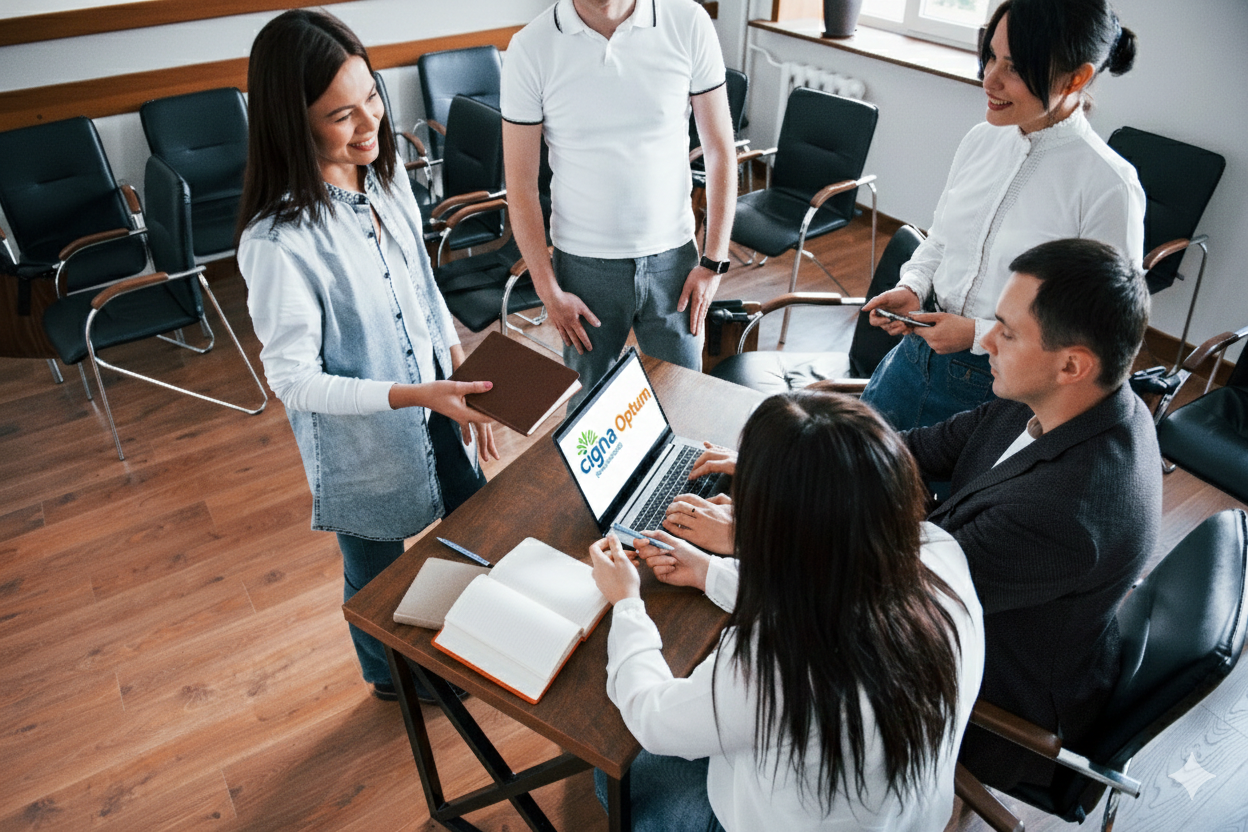 A group of professional NALC Health Benefit Representatives (HBRs) collaborating in an office setting, reviewing a digital resource guide featuring Cigna, Optum, and SilverScript logos on a laptop screen.