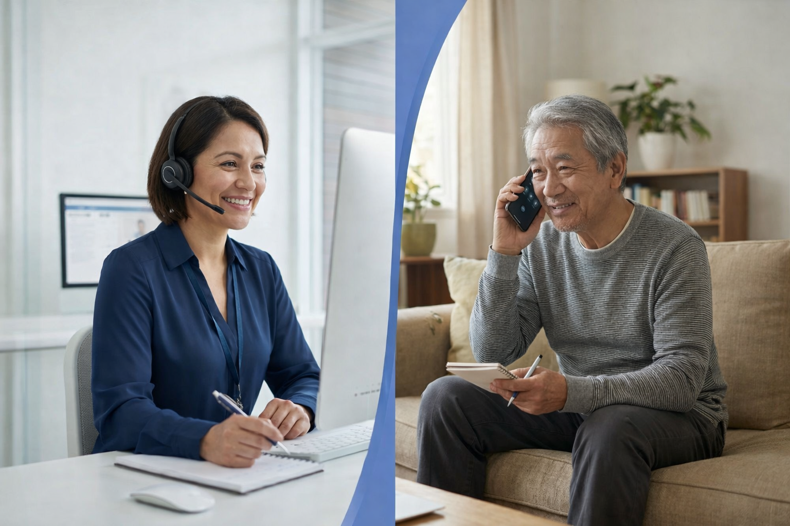 A split-screen image showing a NALC HBP Health Advocate in a professional office (left) connecting with a Plan member in a comfortable home setting (right). This visual represents the personalized, one-on-one support available through Priority Health Coaching to help members manage chronic conditions.